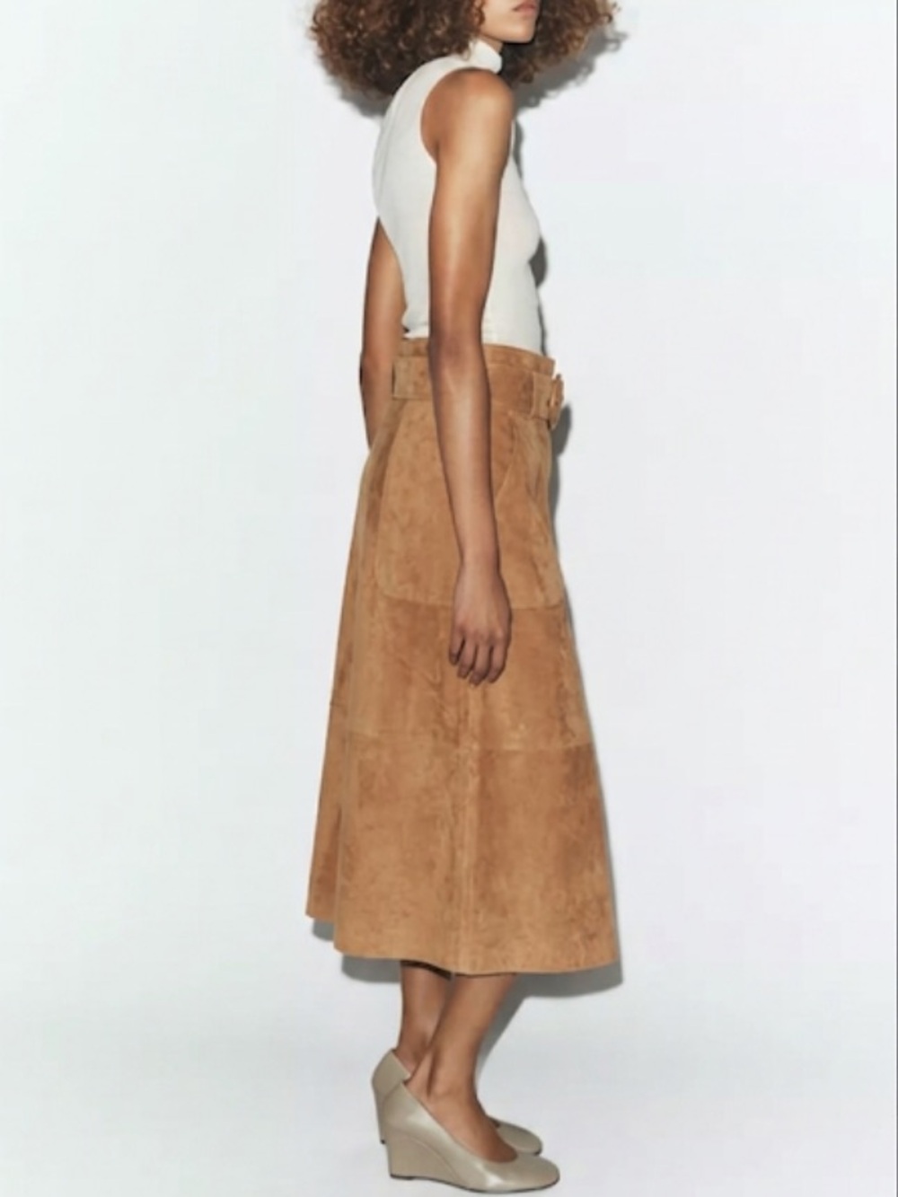 Massimo Dutti Real Suede Leather  A-Line Skirt with Belt